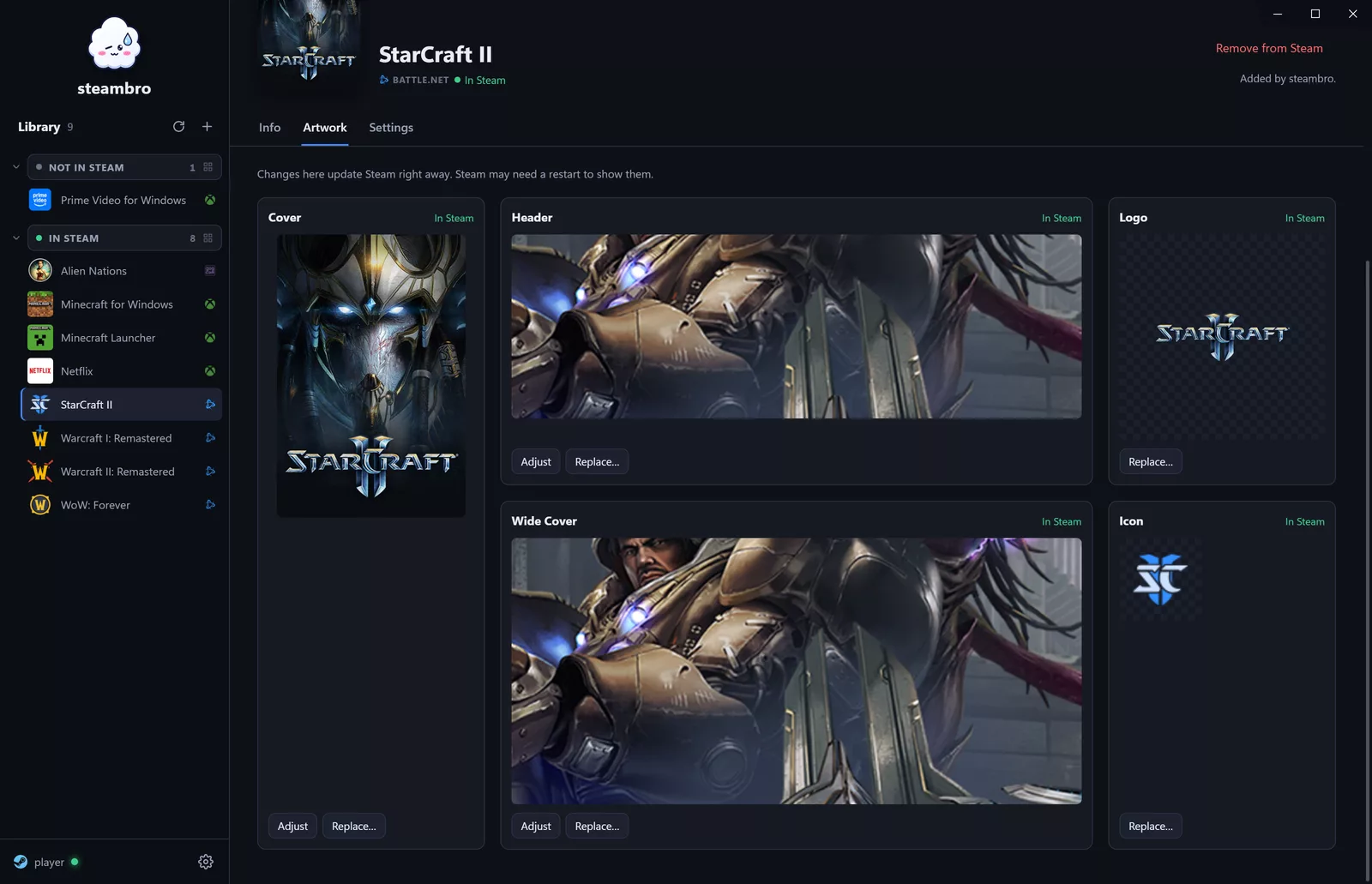 Five artwork slots for a game, each with its source and Adjust and Replace