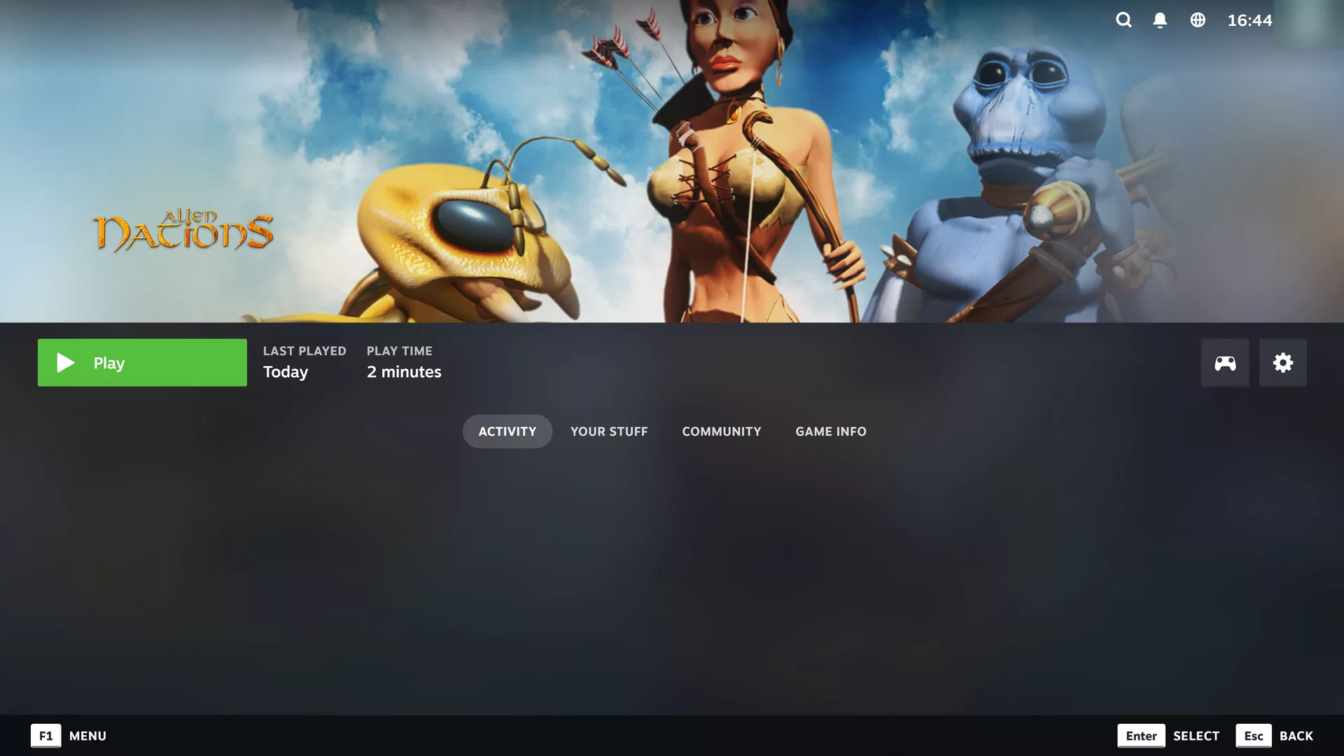 Alien Nations from GOG in Steam's Big Picture mode, with its artwork, the Play button, and its playtime