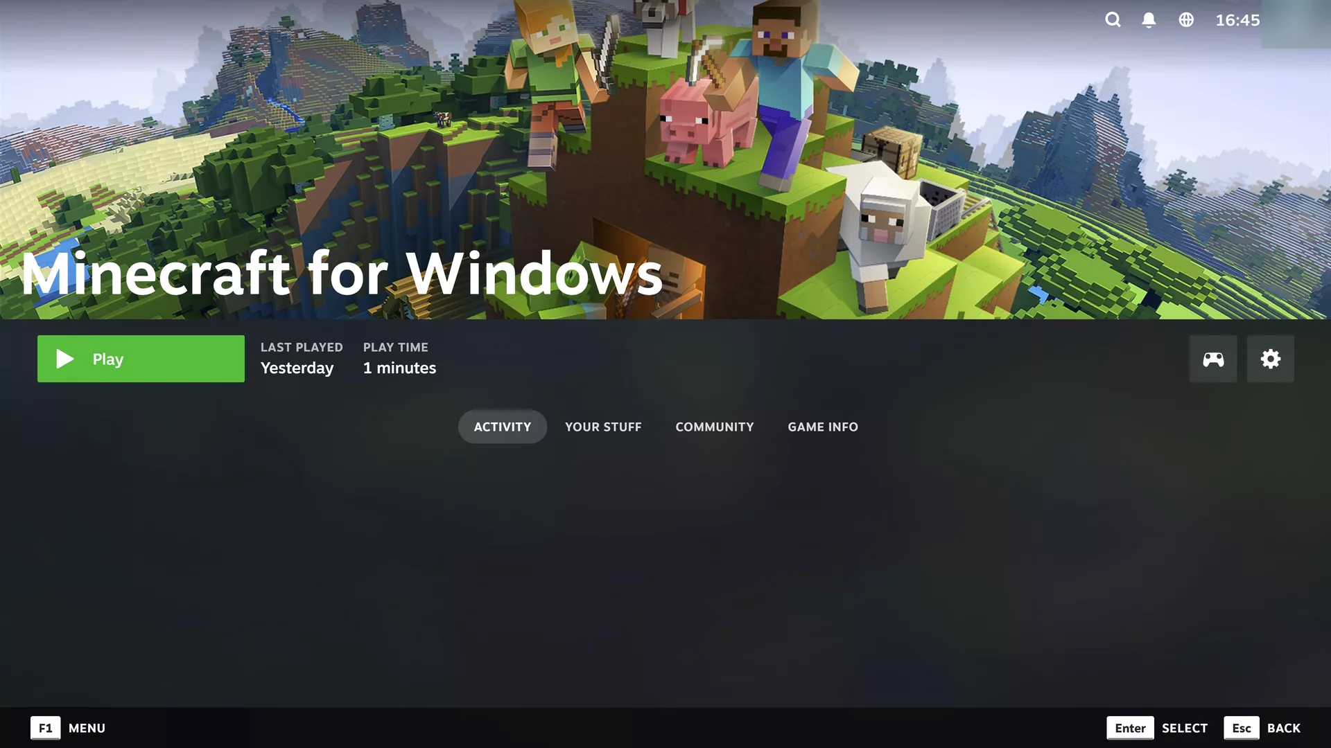 Minecraft from Game Pass in Steam's Big Picture mode, with its artwork, the Play button, and its playtime