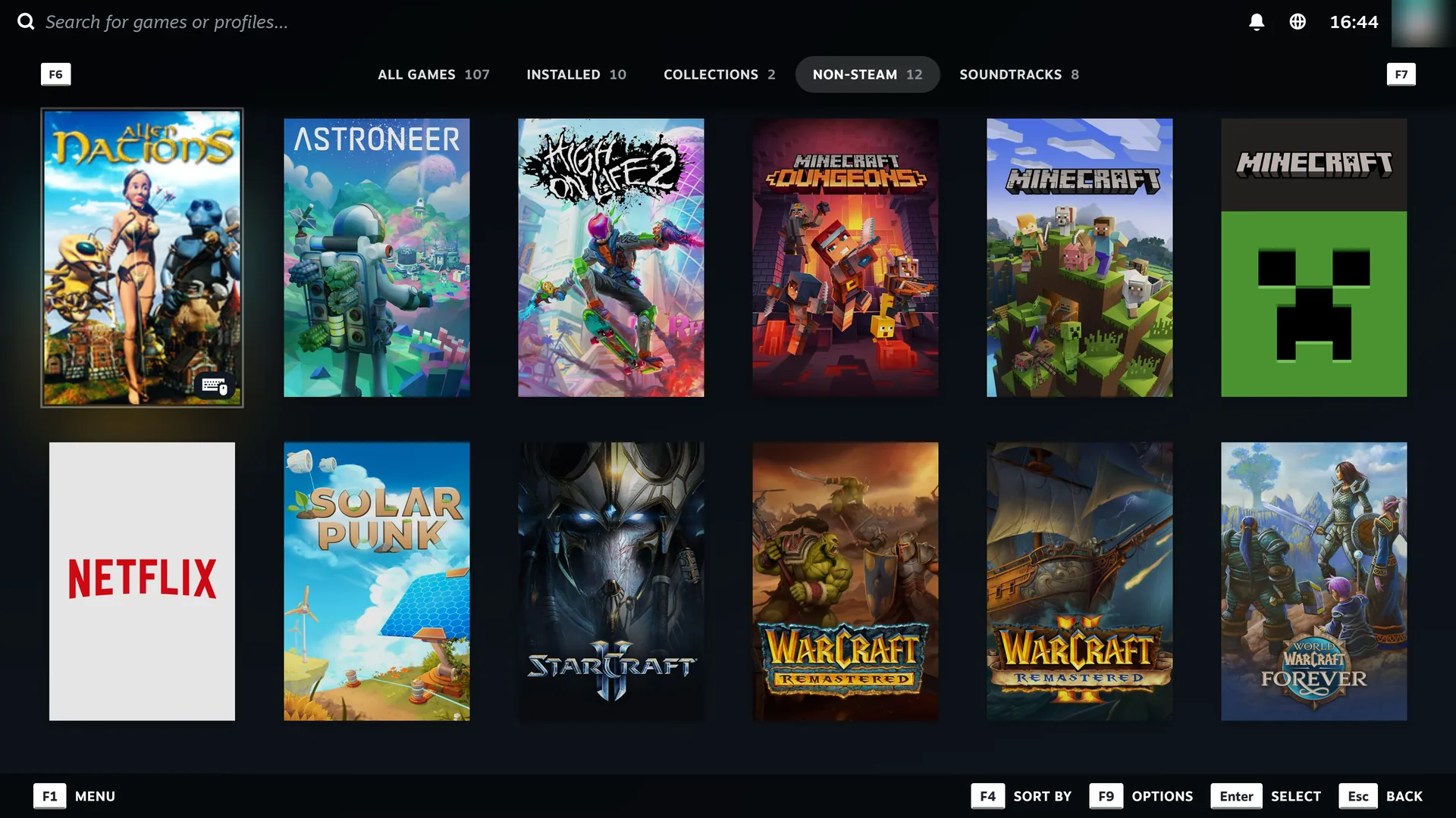 The Non-Steam tab of Steam's Big Picture library: Alien Nations, ASTRONEER, High on Life 2, Minecraft, Netflix, StarCraft II, and Warcraft, each with its cover art