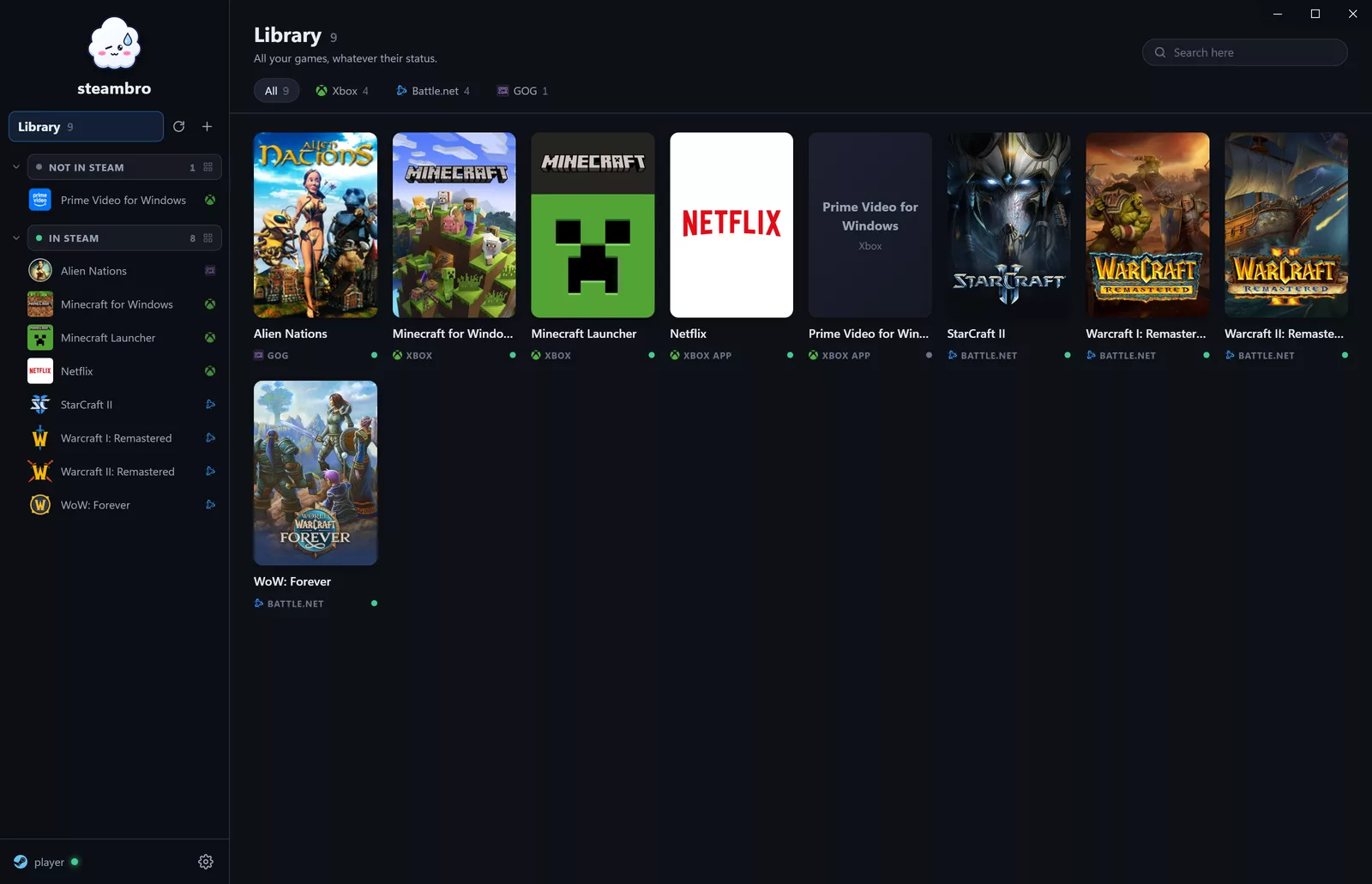 The steambro window: games by status in the sidebar, each with its store's logo, and the library as tiles