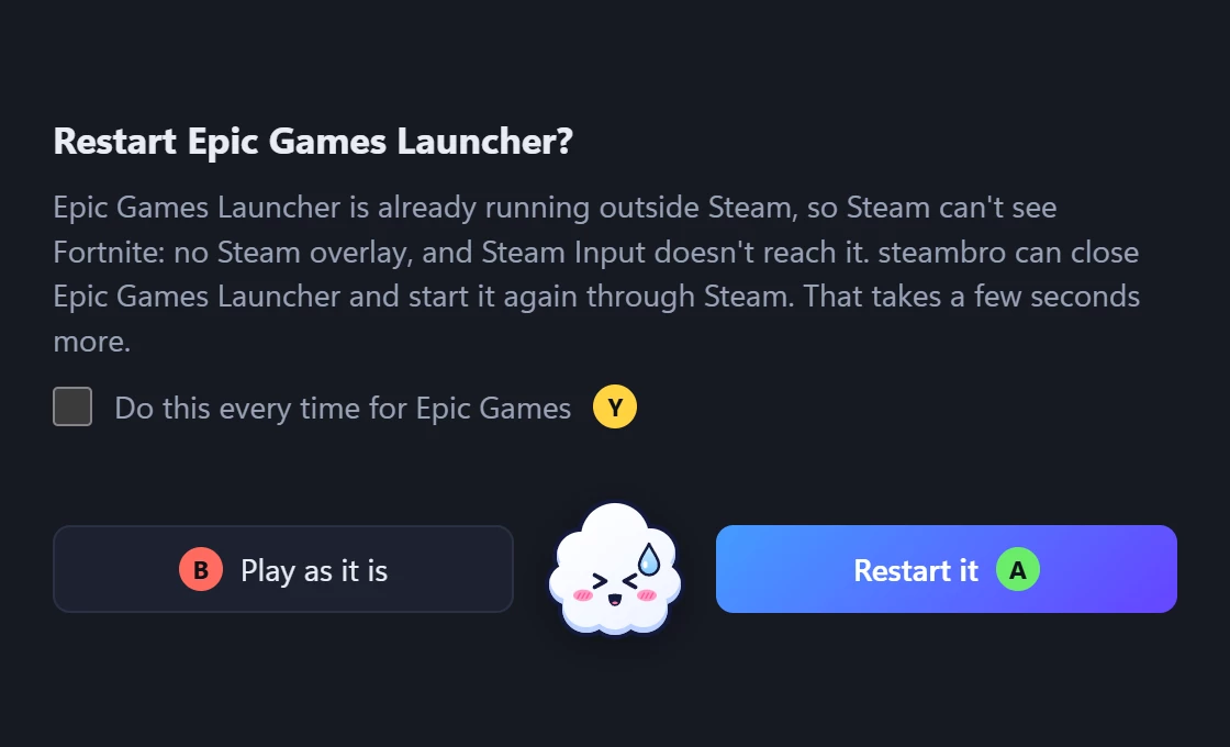 A small window asks to restart the Epic Games Launcher through Steam, with controller button hints