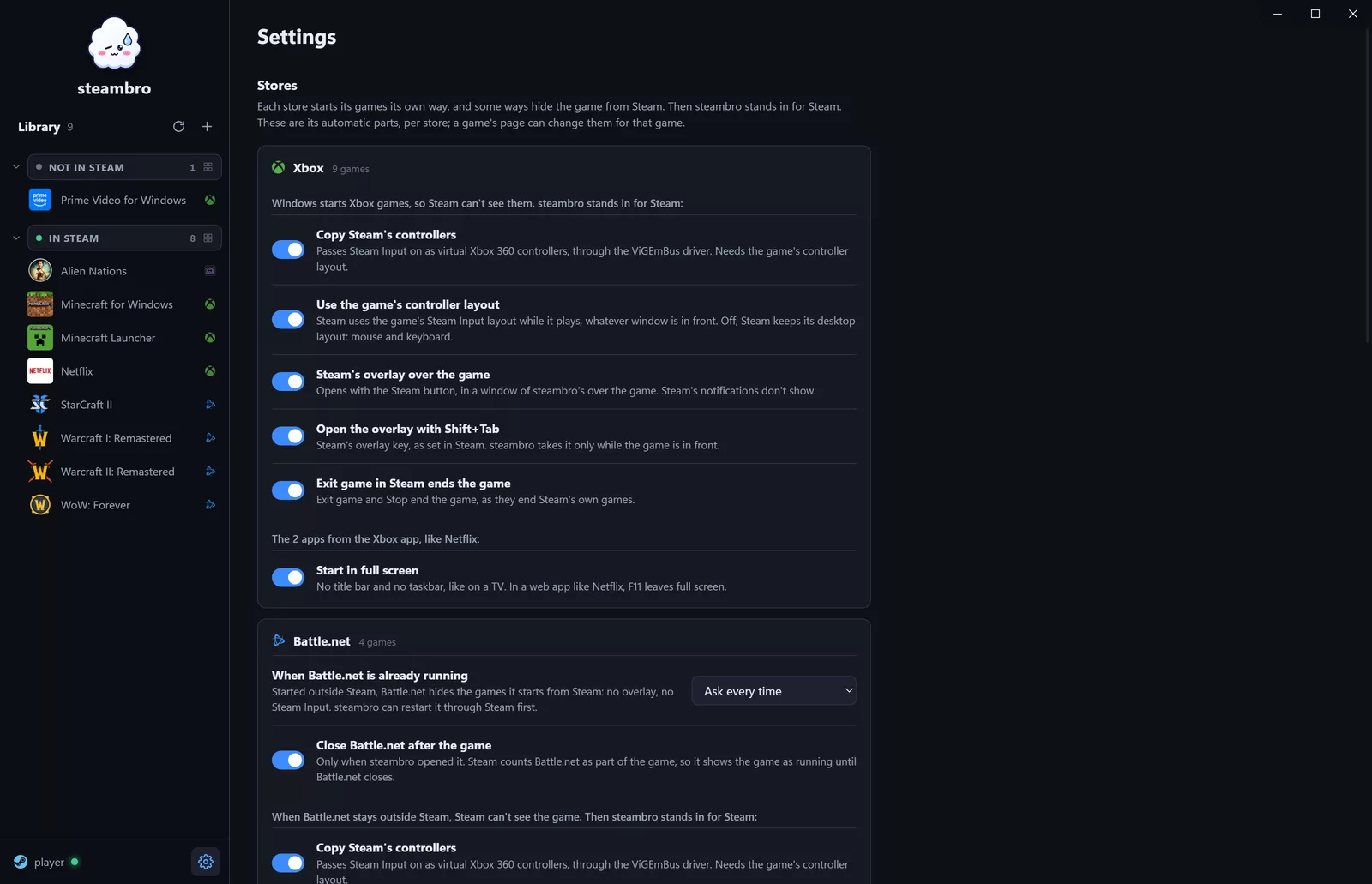 The settings page with the Xbox card: copying Steam's controllers, the game's controller layout, Steam's overlay, its key, and Exit game